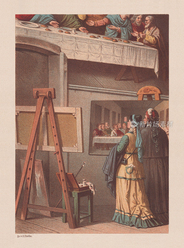 参观者在画家的工作室，彩色版，出版于1879年