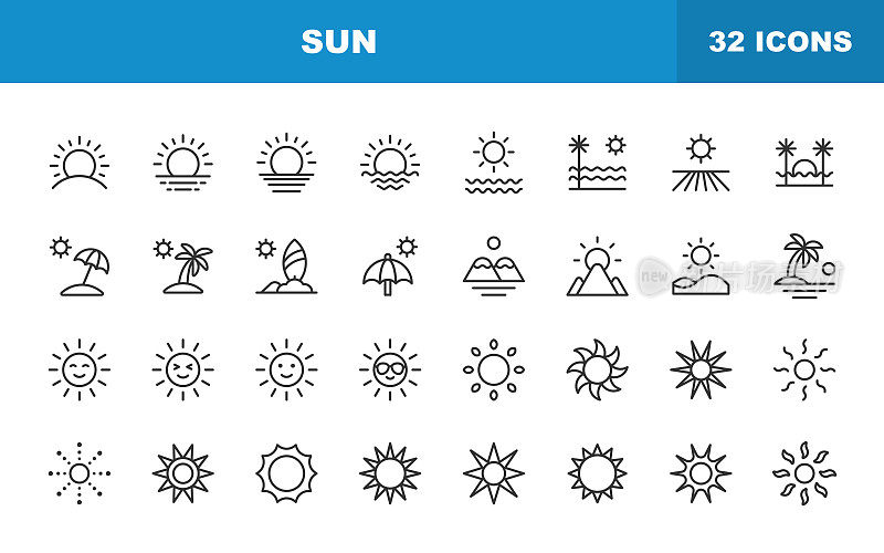 太阳线图标。可编辑的中风。包含这样的图标，如阳光，夏天，假期，海滩，气候，环境，天空，能源，自然，热带，旅游，温暖，热，热，阳光。