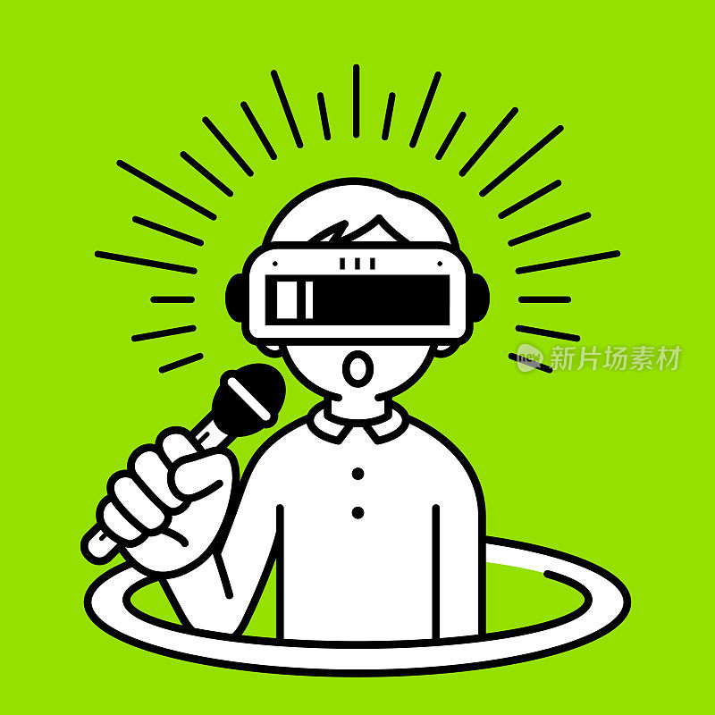 一个戴着虚拟现实耳机或VR眼镜的男孩从虚拟洞里蹦出来，进入虚拟世界，用麦克风说话，极简风格，黑白轮廓