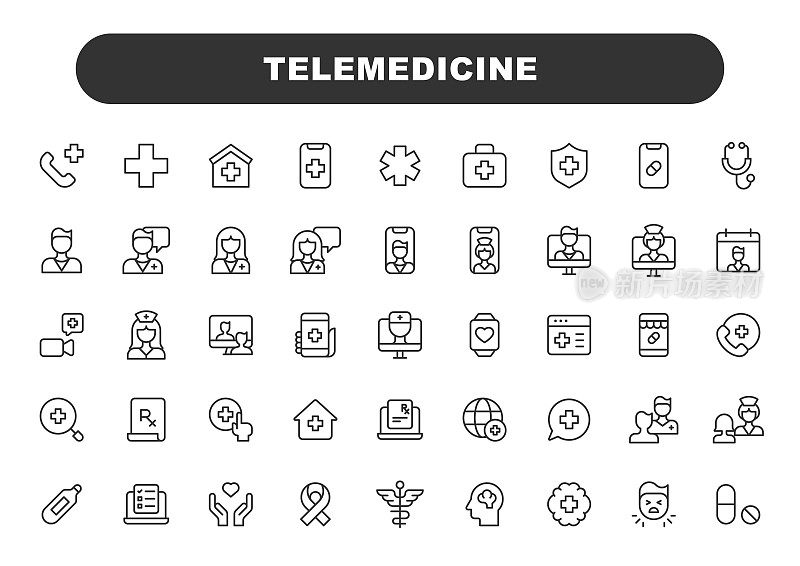 远程医疗线路图标。可编辑的中风。包含听诊器、数字医疗、与医生视频通话、在线咨询、护士、医生、医疗保健中的人工智能等图标。