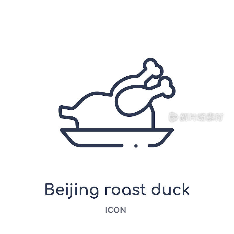 线性北京烤鸭图标来自文化大纲系列。细线北京烤鸭病媒孤立在白色背景上。北京烤鸭时尚插画