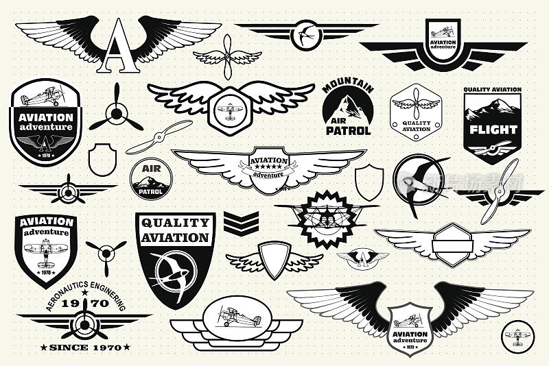 设置复古的标志，设计元素，徽章和标志。航空