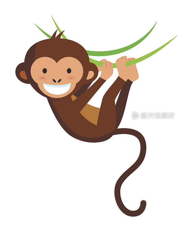 藤本植物上可爱的微笑猴子，矢量插图