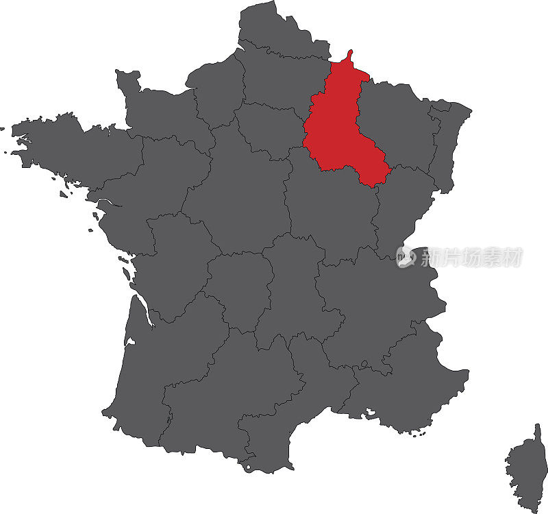 香槟-阿登红色地图上的灰色法国地图矢量