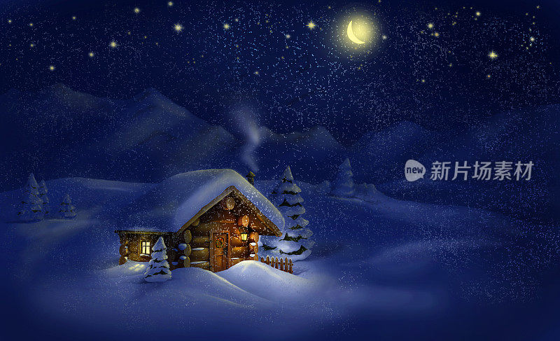 圣诞夜景观——小屋，雪，松树