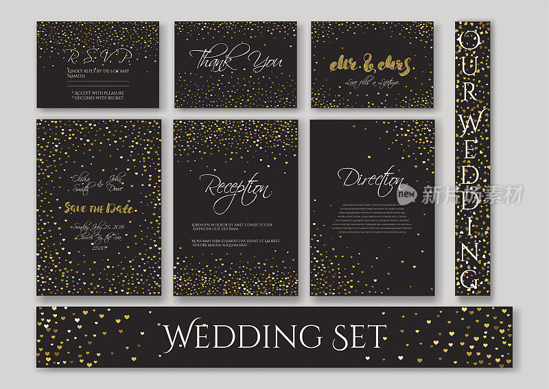 婚礼卡片与抽象的金色纸屑背景。