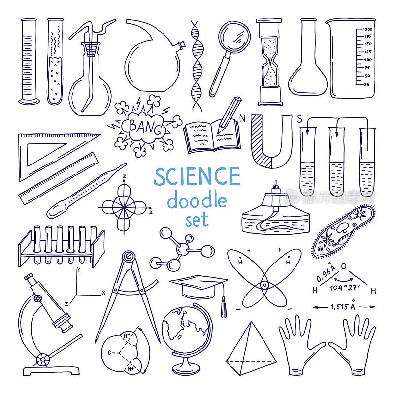 科学工具孤立于白色之上。技术设备，生物课。手绘插图