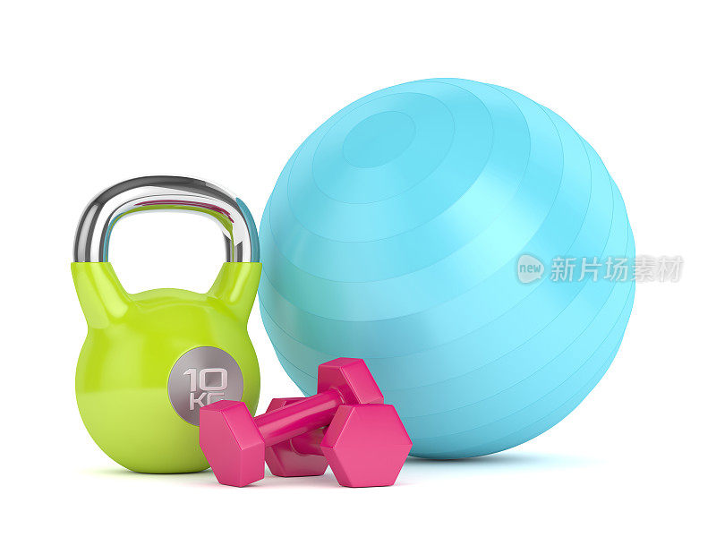 壶铃，健身球和哑铃的3d渲染