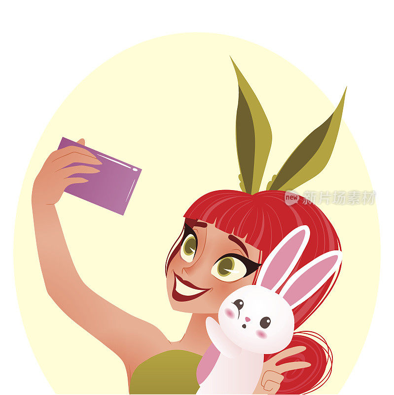 复活节兔子女孩插图。微笑的小女孩戴着兔子耳朵与兔子自拍
