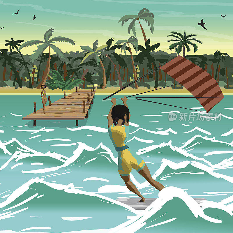 非洲妇女驾驶风筝冲浪