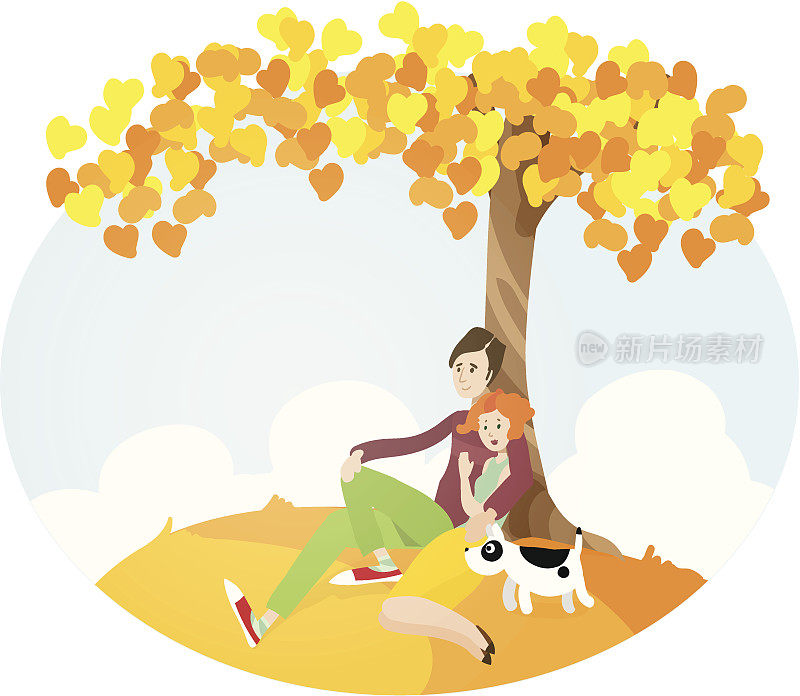 男人，女人和狗坐在黄色的秋天树下