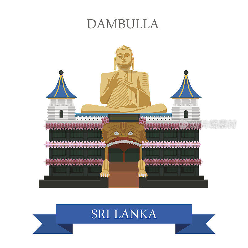 斯里兰卡的丹布拉。平面卡通风格的历史景点展示景点网站矢量插图。世界各国城市度假旅游观光亚洲收藏。