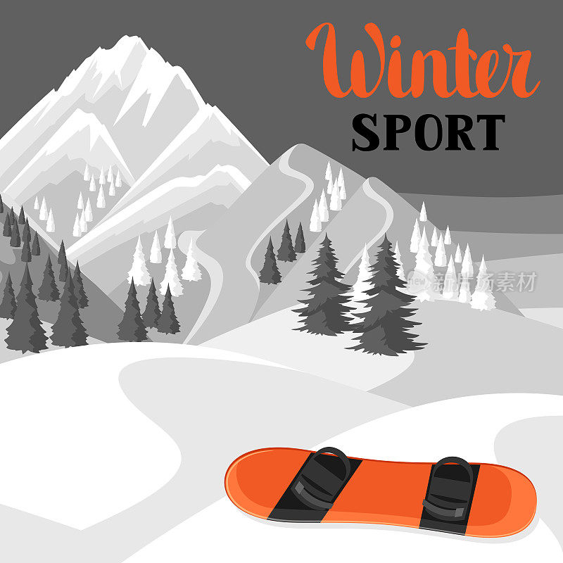 冬季景观与滑雪板。雪山和冷杉林