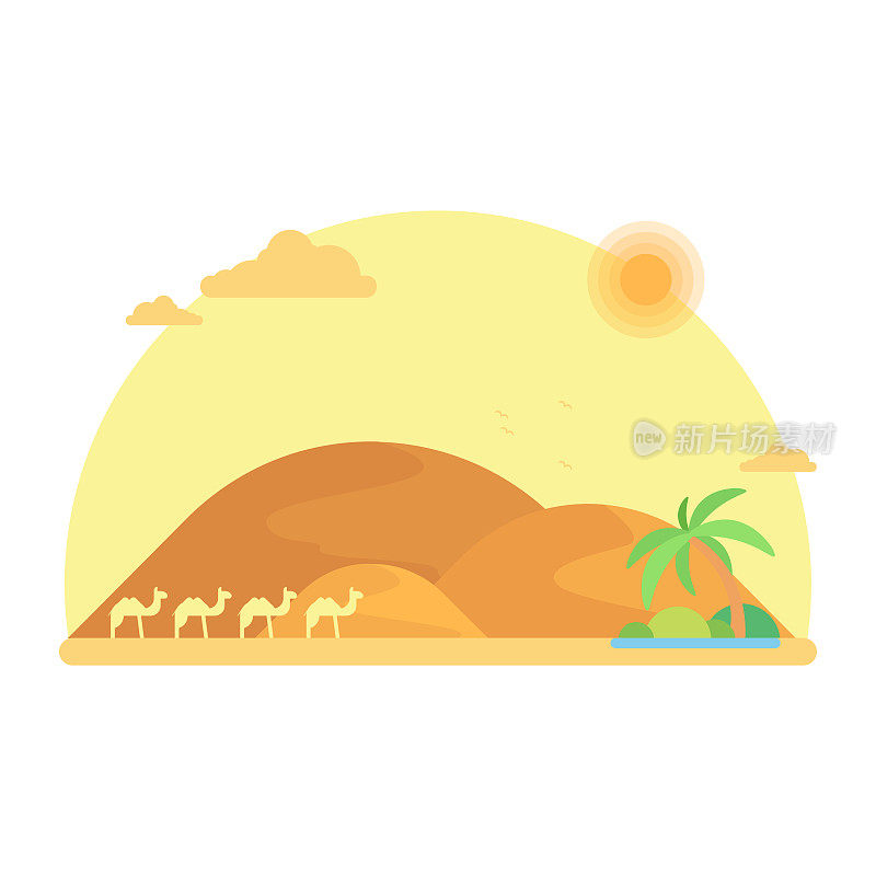一支骆驼商队走向沙丘中的绿洲。平面设计说明
