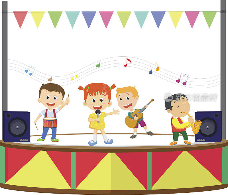 一个快乐的孩子在舞台上演奏音乐的插图