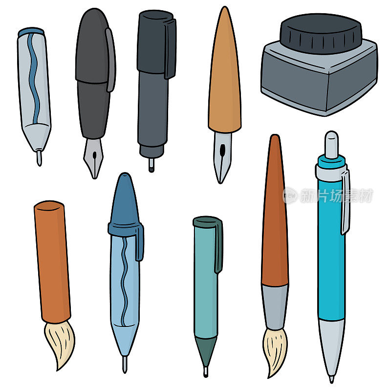 钢笔、机械铅笔和墨水瓶