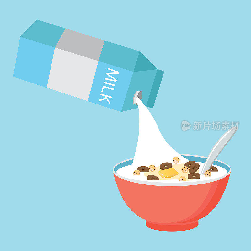 麦片碗与牛奶，冰沙孤立在白色背景。健康早餐的概念。矢量图