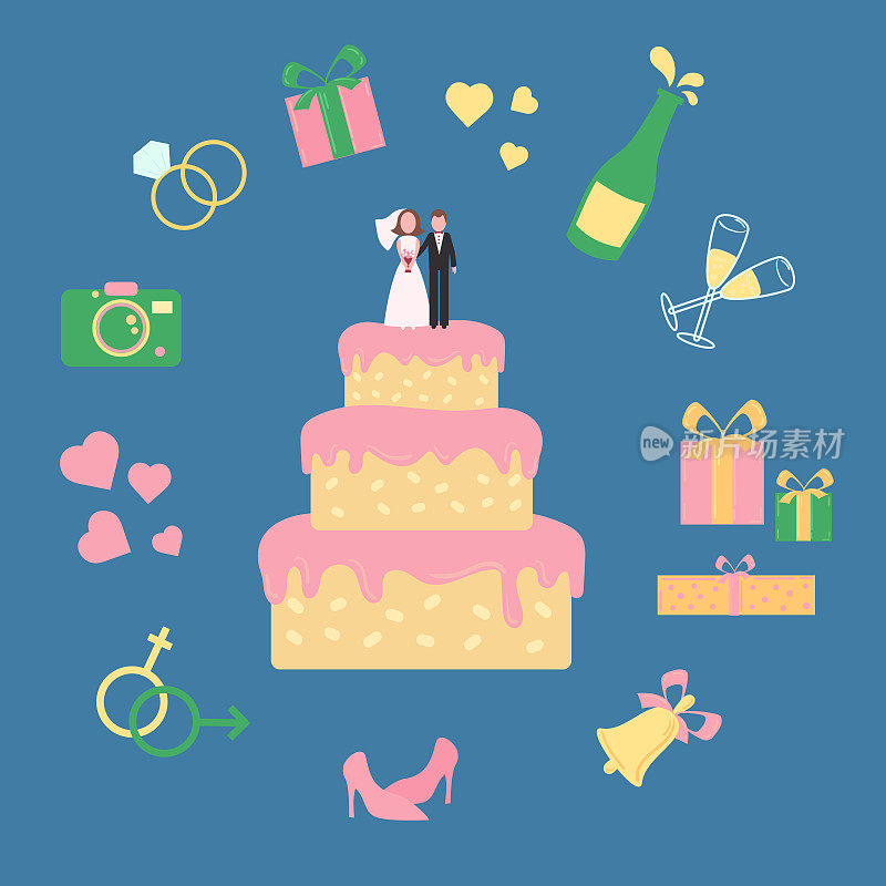 蛋糕上有新郎和新娘的雕像。结婚的图标
