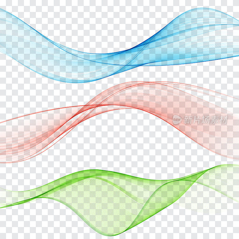 一组抽象的彩色波。彩色烟雾波。透明色波