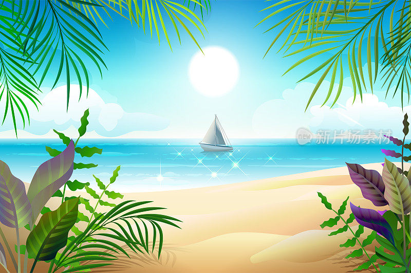 天堂般的热带海滩景观。海岸线，棕榈叶，碧海蓝天