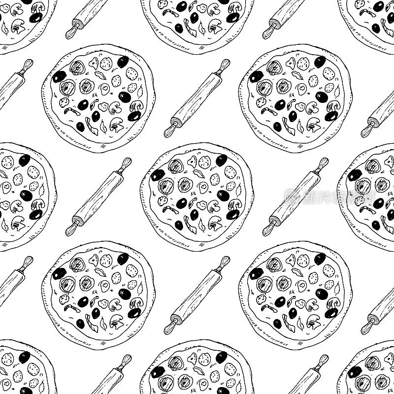 披萨无缝图案手绘草图。披萨涂鸦和擀面杖，食物背景。矢量图