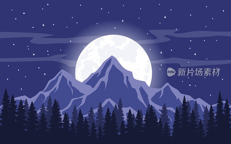 月亮，月光，落基山脉和松树森林背景矢量插图。夜空星辰景观