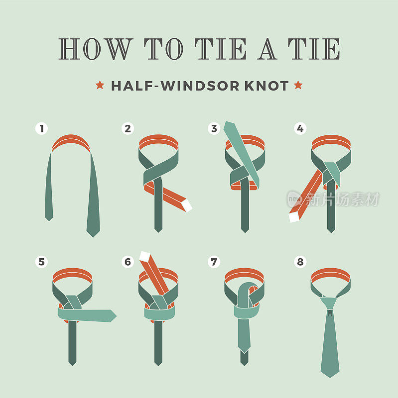说明如何在绿松石背景上打领带的八个步骤。Half-Windsor结。矢量插图。