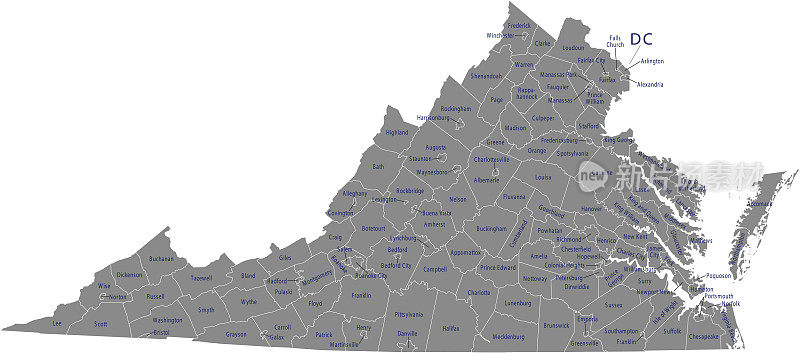 弗吉尼亚州的县地图矢量轮廓县的名称标记在灰色的背景