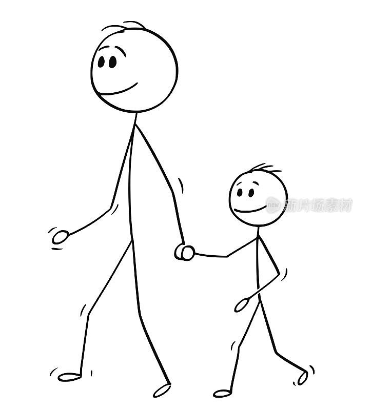 漫画父亲与儿子散步和牵着他的手