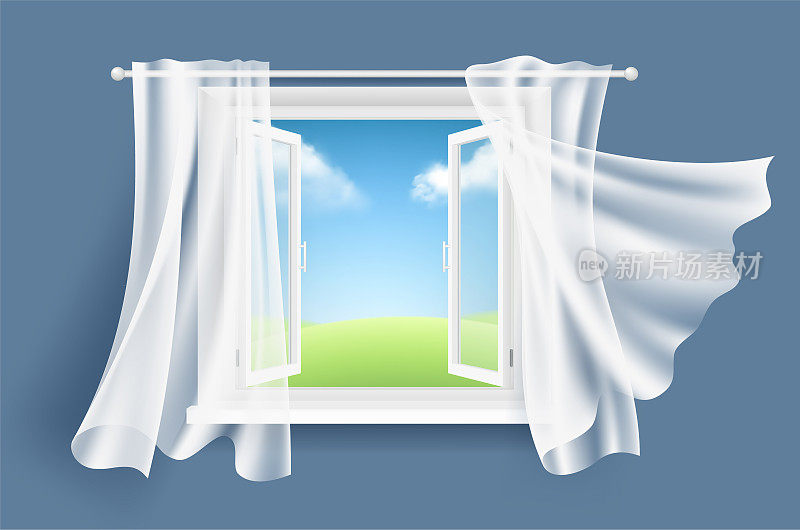 用窗帘打开窗户。阳光明媚的背景与玻璃光窗和飘动的织物窗帘向量逼真