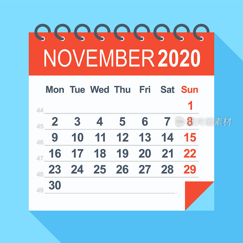 2020年11月-日历。一周从周一开始