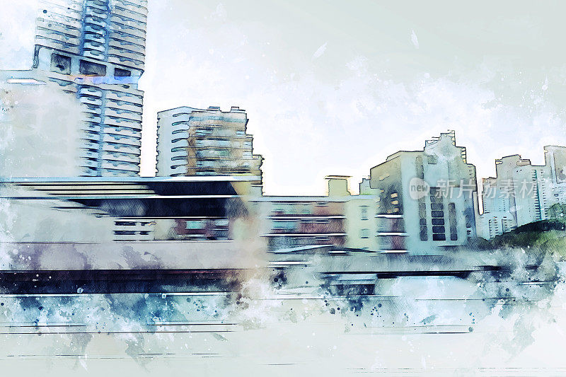 抽象办公楼以城市建筑为背景绘制水彩画。城市上的数字插画刷艺术。