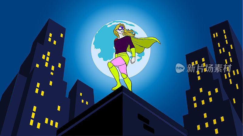 向量女性超级英雄在一个城市在夜间存货插图