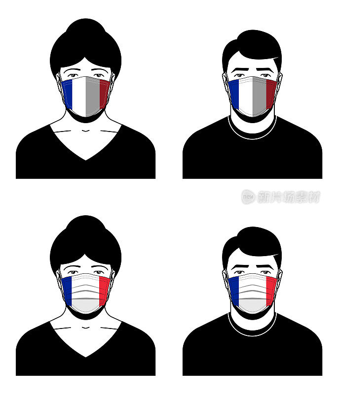 人物图标设置戴着医用面具与法国国旗