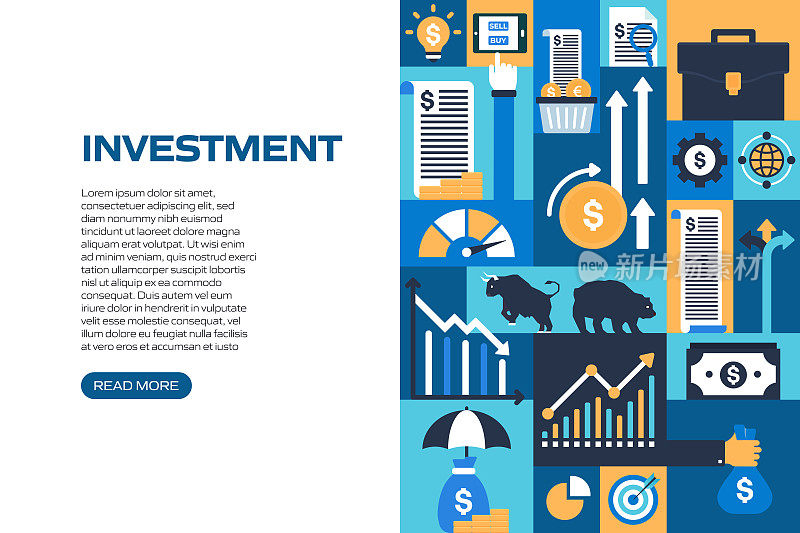 投资相关的矢量组的平面图标和网页横幅设计