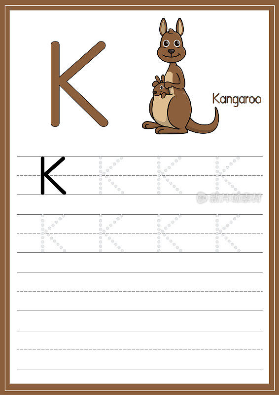 在白色背景上孤立的袋鼠矢量插图。带大写字母K，用作教与学的媒介，供儿童识别英文字母或供儿童学习书写字母用于家庭和学校学习。