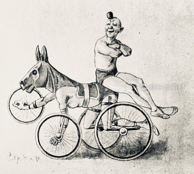 艺术自行车，人像驴子，胳膊和脚上都有轮子，另一个人坐在他身上