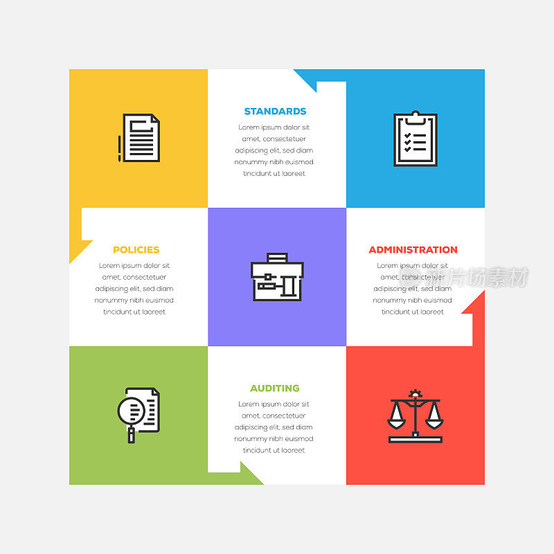 信息图表设计模板。具有5个选项或步骤的标准、管理、审计、策略图标。