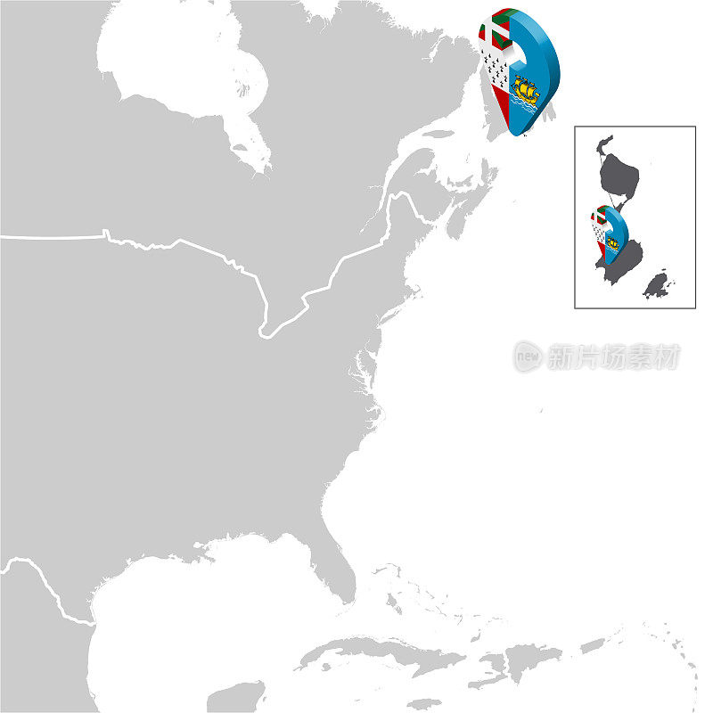 北美地图上的圣皮埃尔和密克隆地形图。3d圣皮埃尔和密克隆旗地图标记位置别针。高质量的地图为您的设计。法国。EPS10。