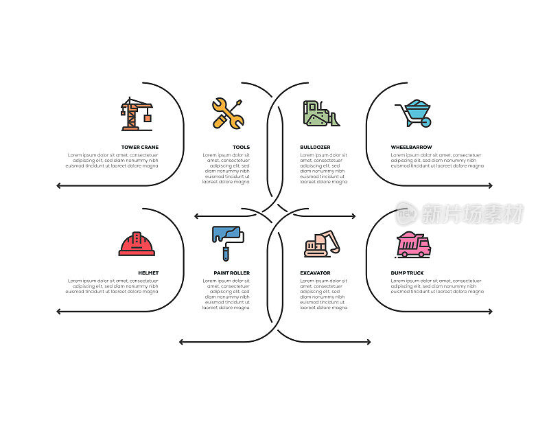 信息图设计模板。塔吊,工具,推土机,手推车,头盔,油漆辊,挖掘机,自卸卡车图标与8个选项或步骤。
