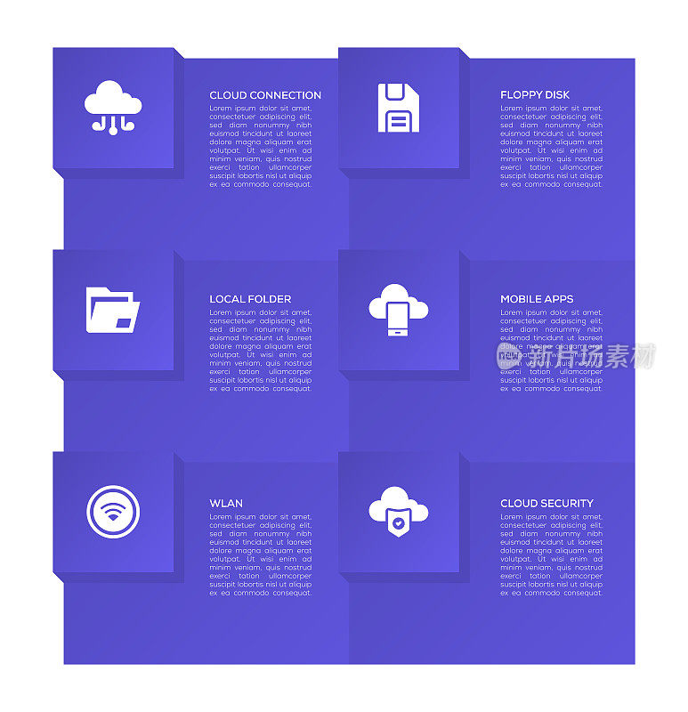 信息图表设计模板。云连接，软盘，本地文件夹，移动应用程序，Wlan，云安全图标6个选项或步骤。