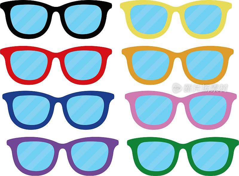 八款透明眼镜矢量插画卡通表情，时尚边框:黑、红、蓝、紫、黄、橙、粉、绿