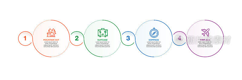 信息图设计模板。山间小屋，手提箱，指南针，飞机图标4个选项或步骤。