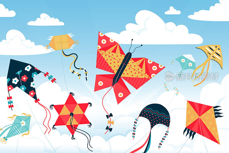 风筝在天空。在夏日的天堂里，孩子们摆弄着各种形状和颜色的玩具。卷着尾巴的纸在云中飞舞。传统节日，矢量插画