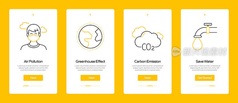 全球变暖概念上车移动应用程序页面屏幕与平面图标。UI设计模板矢量插图