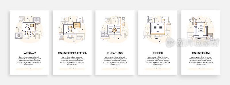 电子学习，在线教育和远程教育相关的移动应用程序页面屏幕与平面图标。用户体验，用户界面设计模板矢量插图