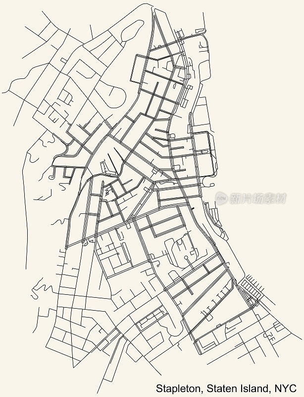 美国纽约市史泰登岛区斯泰普尔顿社区的街道道路地图