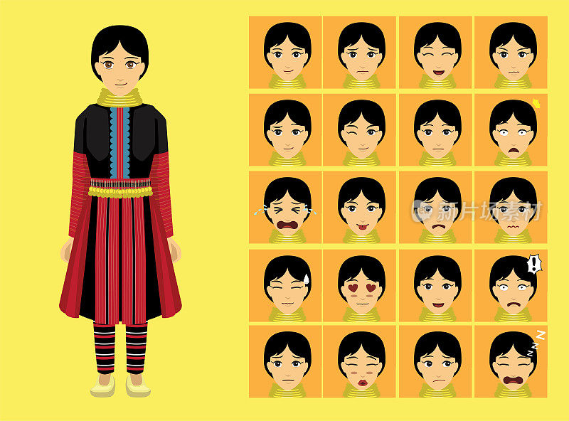 漫画风格缅甸苗族妇女服装卡通人物情感