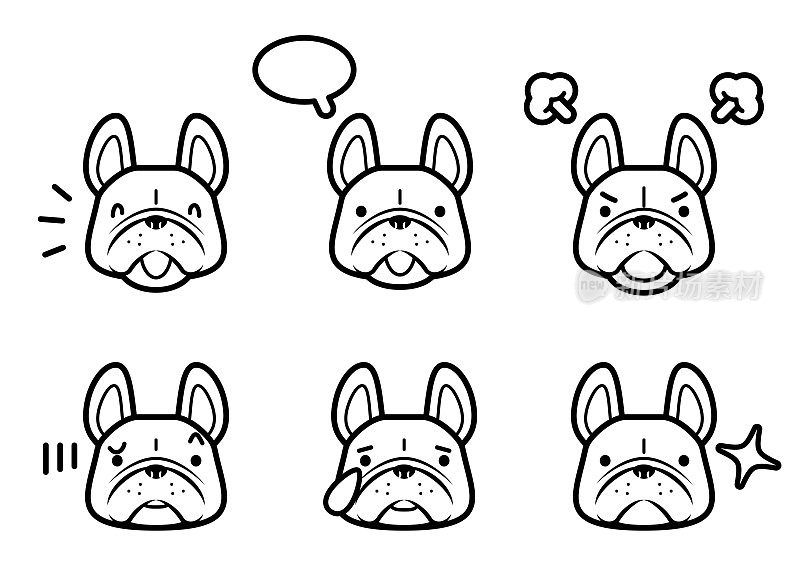 可爱的狗狗图标集，有六个黑白的面部表情