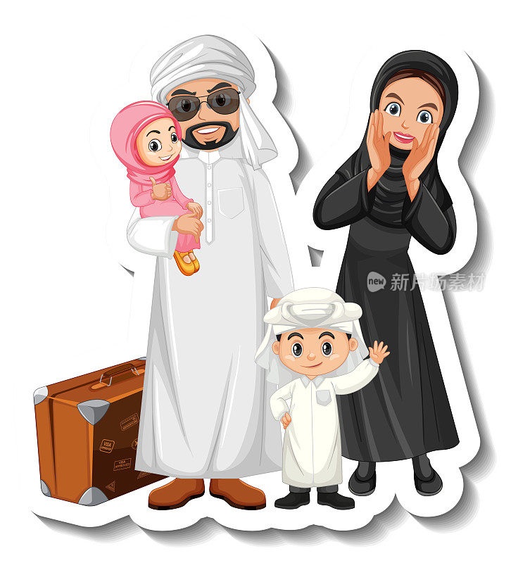 幸福的阿拉伯家庭卡通人物贴纸在白色的背景